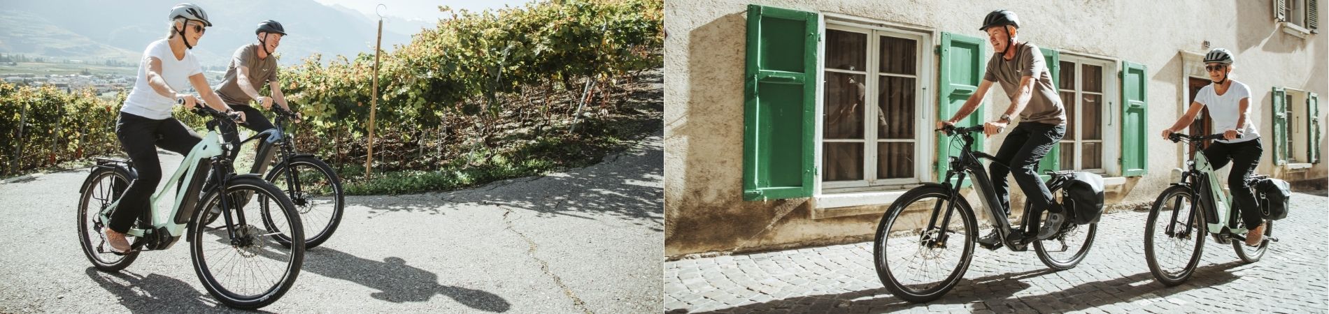Zwei Bilder auf denen ein Mann und eine Frau Fahrradfahren. Auf einem sind sie in der Stadt und auf dem anderen auf einem Berg.